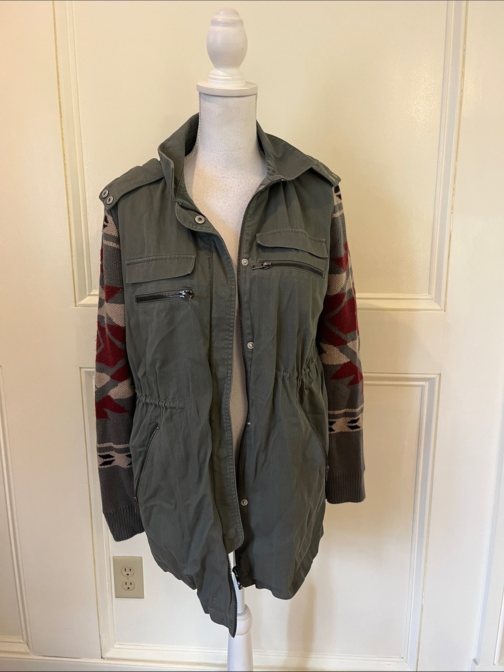 Olive & Oak Olive Utility Jacket with Patterned Knit Sleeves